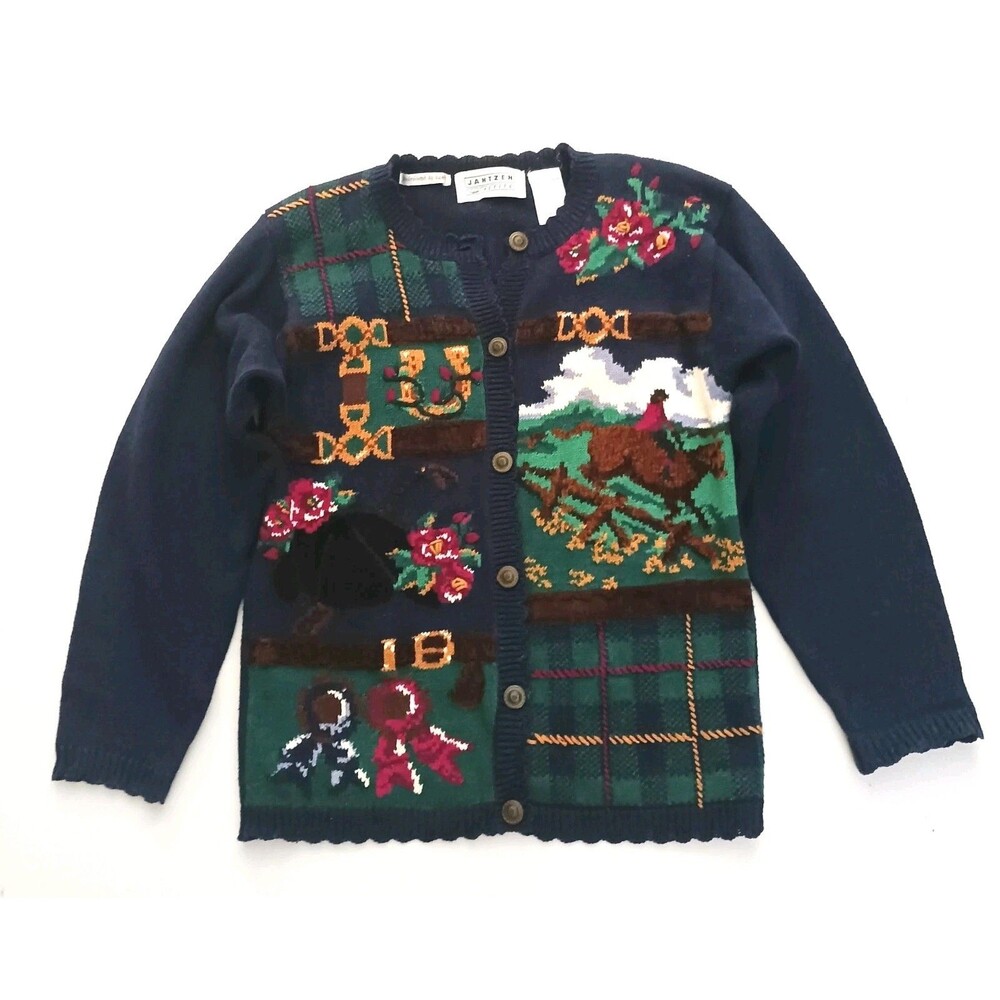 VTG Equestrian Theme Cardigan Navy Cotton Knit Sz S Hand Embroidered Jantzen